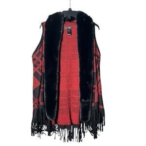 Ali Miles Sz 3X Plaid Open Front‎ Fringe Faux Fur Cozy Red Black Cardigan #F9-5
